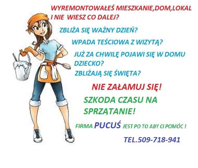 Ilustracja przedstawia uśmiechniętą postać kobiety w stroju roboczym, trzymającą wiadro z pianą, otoczoną tekstem reklamowym zachęcającym do skorzystania z usług firmy sprzątającej 'PUCUŚ',...