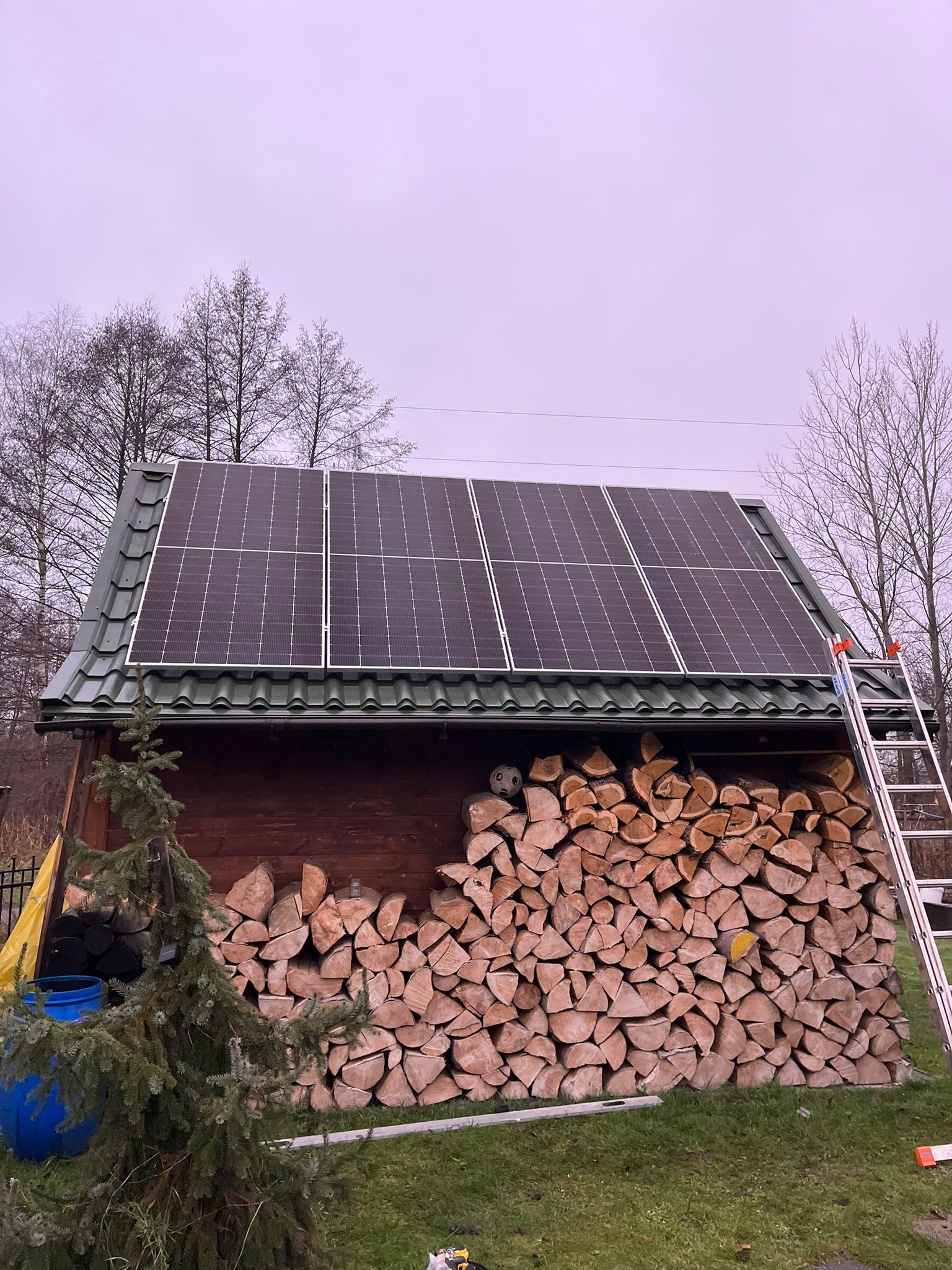 Mały drewniany budynek z zielonym dachem, na którym zamontowane są panele słoneczne; obok budynku stoi drabina, a pod dachem ułożone jest drewno opałowe, z wystającą piłką do gry.