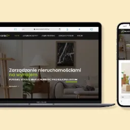 Responsywna strona www e-mieszkania24.pl na laptopie Macbook Air i telefonie iPhone, prezentująca ofertę zarządzania nieruchomościami na wynajem.