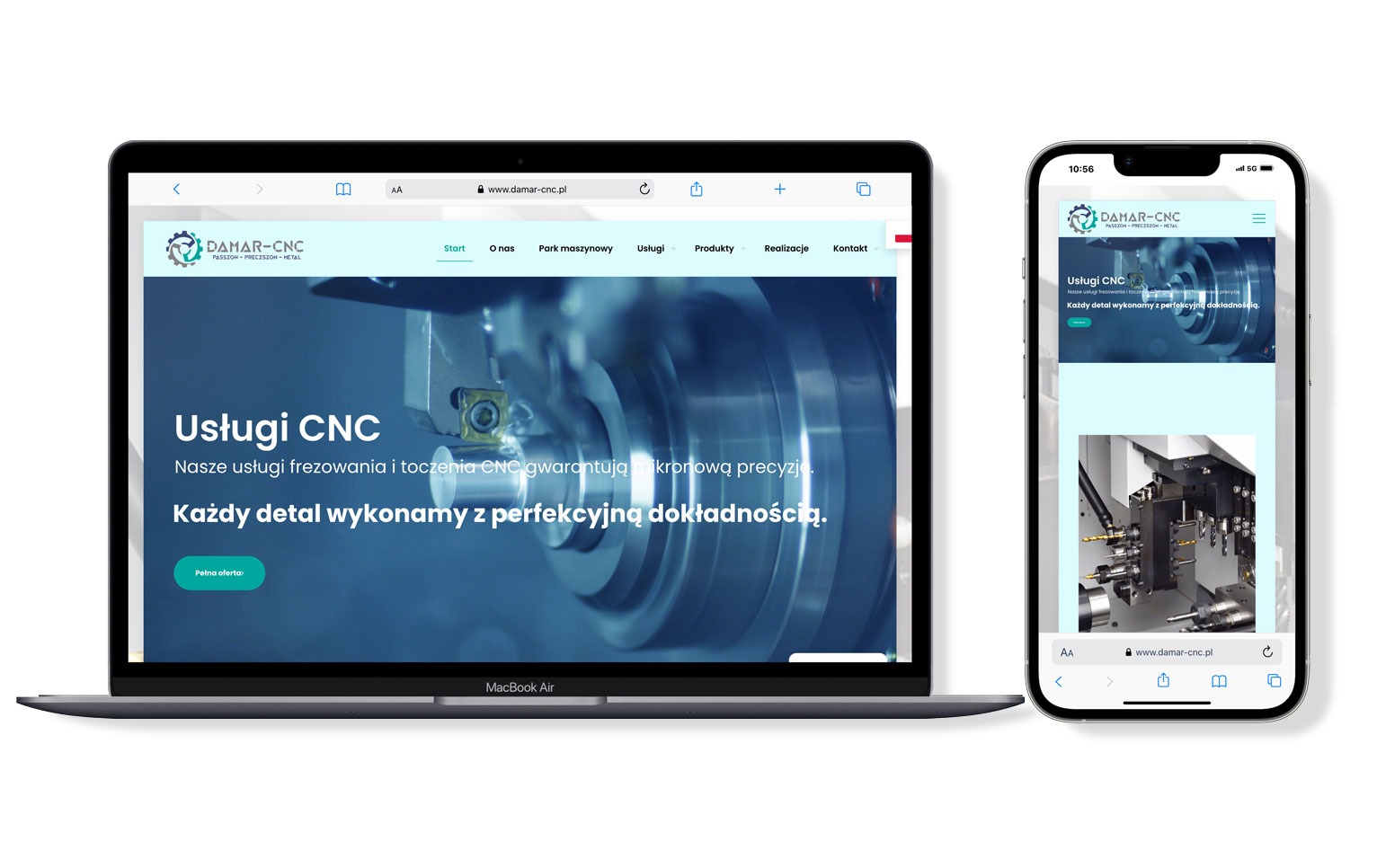 Responsywna strona www na urządzeniach: laptop i smartfon. Strona DAMAR-CNC prezentuje usługi CNC, frezowanie i toczenie z mikronową precyzją.