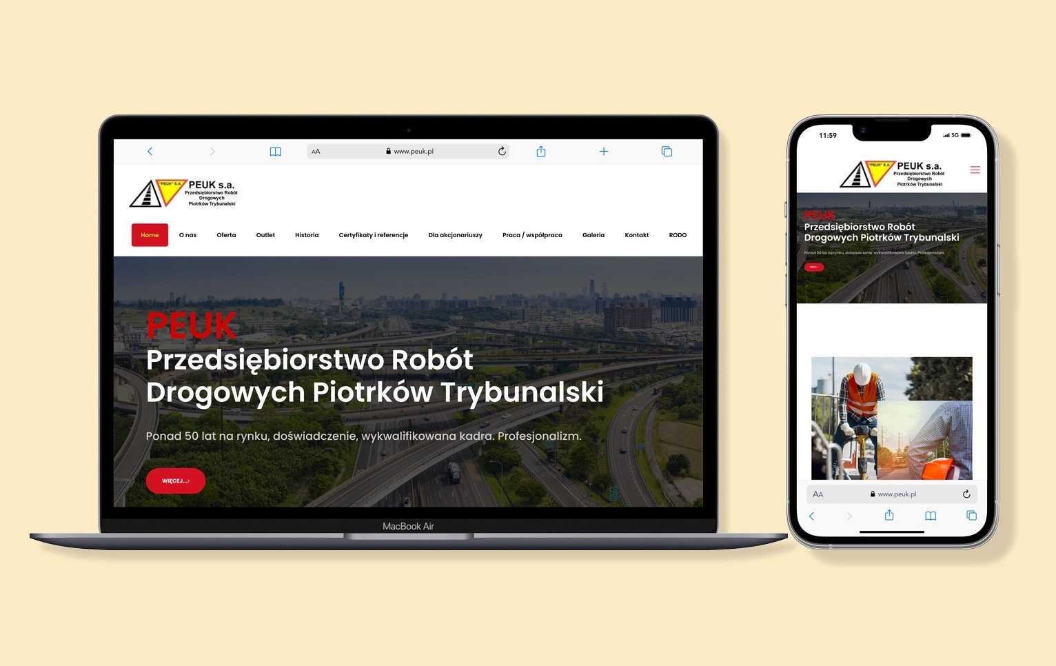 Responsywna strona www firmy PEUK s.a. na laptopie MacBook Air i smartfonie iPhone. Układ strony dostosowuje się do wielkości ekranu, zachowując czytelność i funkcjonalność.