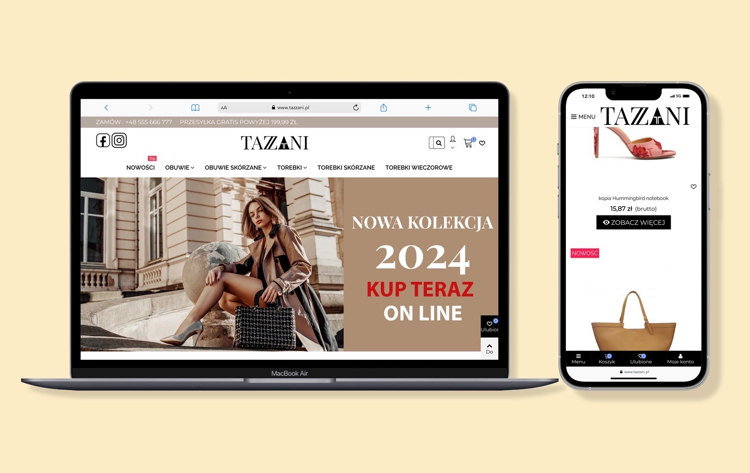 Laptop i smartfon prezentują stronę Tazzani.pl z nową kolekcją 2024. Modelka pozuje na tle architektury. Interfejs strony jest czytelny i responsywny.