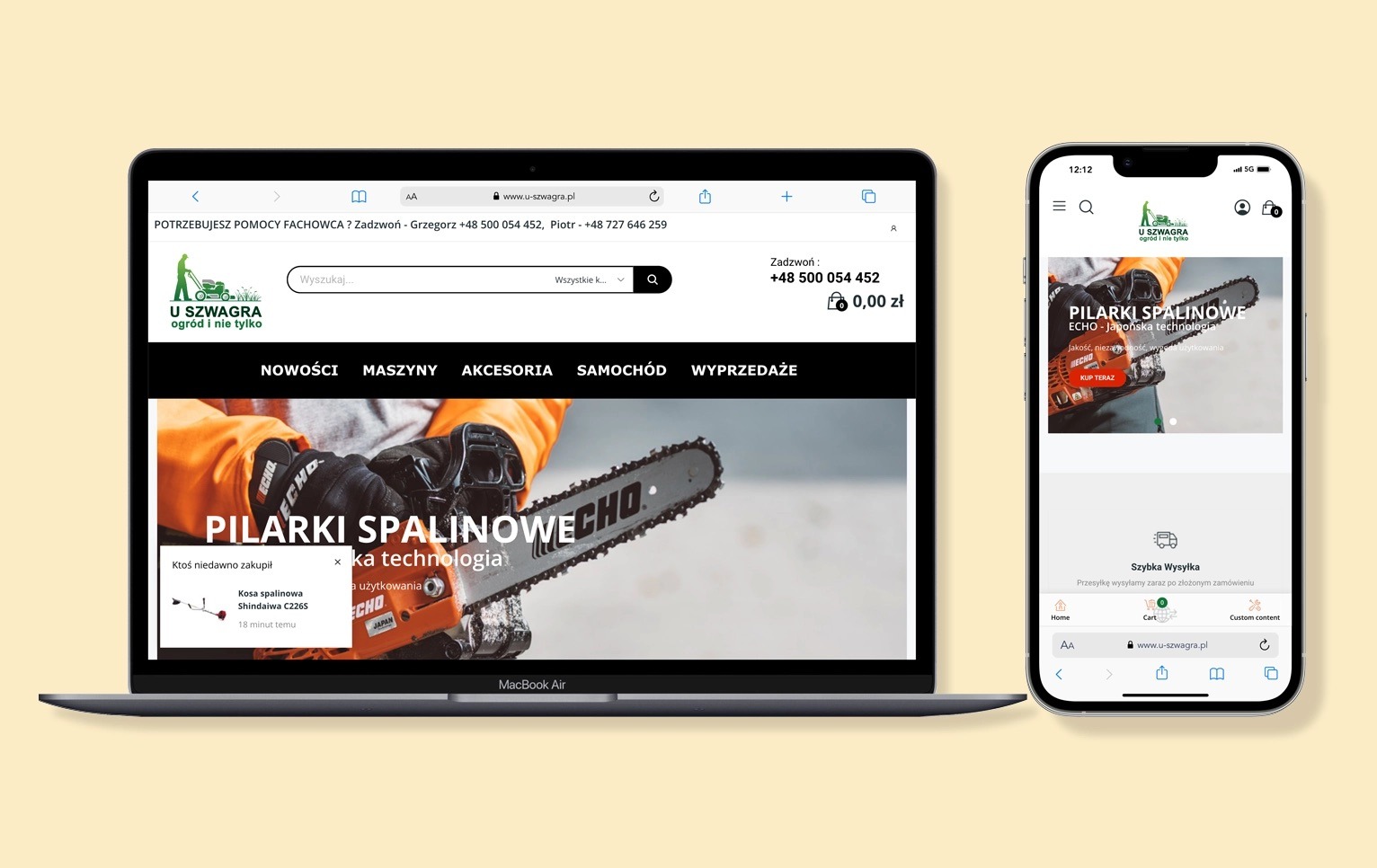 Prezentacja strony internetowej sklepu z pilarkami na laptopie MacBook Air i smartfonie iPhone. Widoczne logo 'U Szwagra' i oferta pilarek spalinowych ECHO.