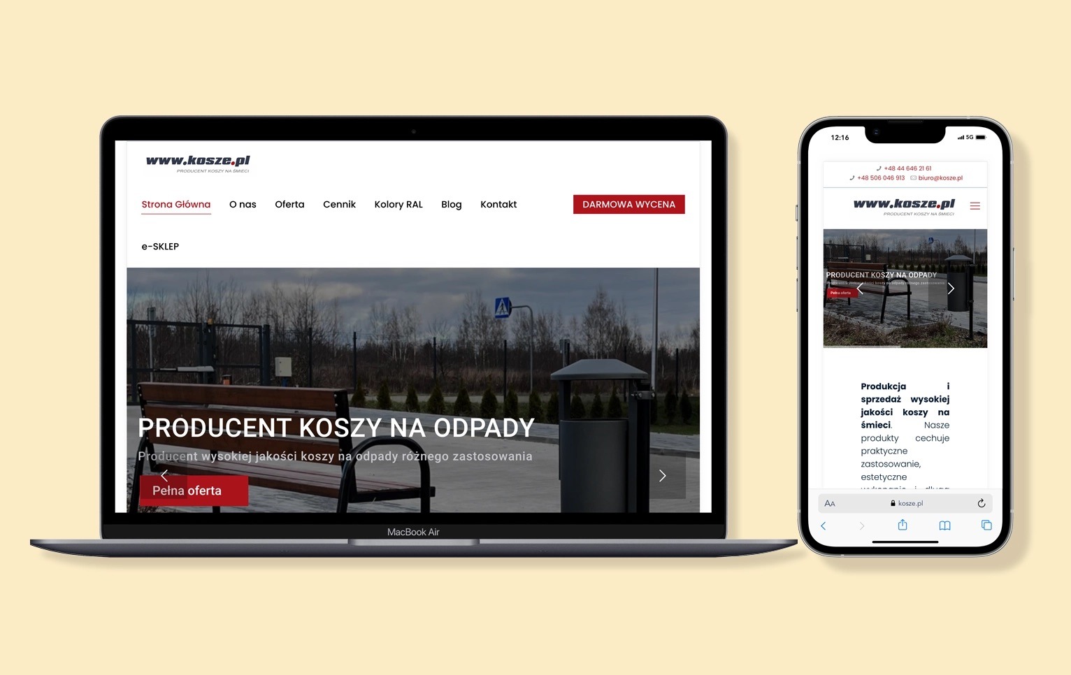 Laptop i smartfon prezentują stronę www.kosze.pl, producenta koszy na śmieci. Widoczny design strony głównej i mobilnej, z ofertą i danymi kontaktowymi.