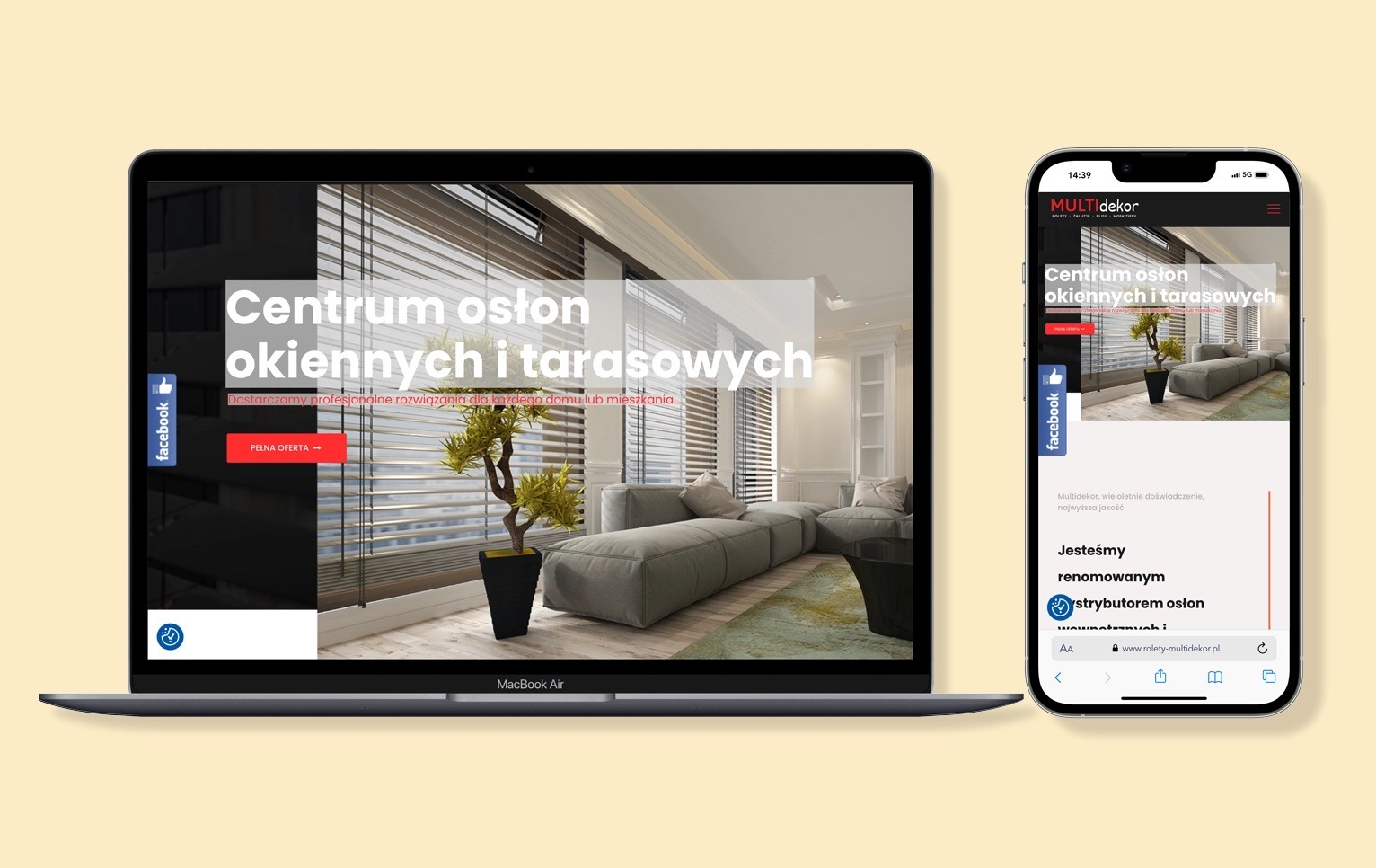 Responsywna strona www 'MultiDekor' na laptopie i smartfonie. Prezentacja oferty: 'Centrum osłon okiennych i tarasowych'. Wnętrze salonu z żaluzjami.
