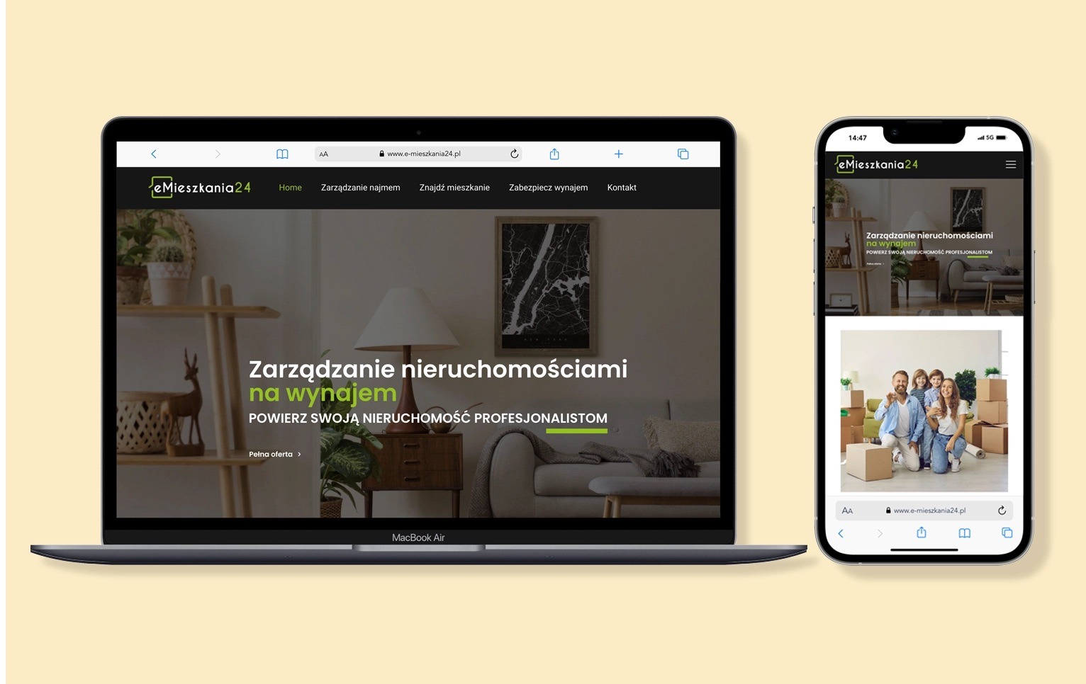 Responsywna strona www e-mieszkania24.pl na laptopie Macbook Air i telefonie iPhone, prezentująca ofertę zarządzania nieruchomościami na wynajem.