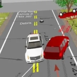 Symulacja komputerowa kolizji drogowej w Kielcach: biały SUV uderza w czerwony samochód. Widoczne ślady hamowania, szkice pomiarowe i odłamki na jezdni. Przewrócony pojazd poza drogą.