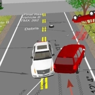 Symulacja komputerowa kolizji drogowej w Kielcach: biały SUV uderza w czerwony samochód. Widoczne ślady hamowania, szkice pomiarowe i odłamki na jezdni. Przewrócony pojazd poza drogą.