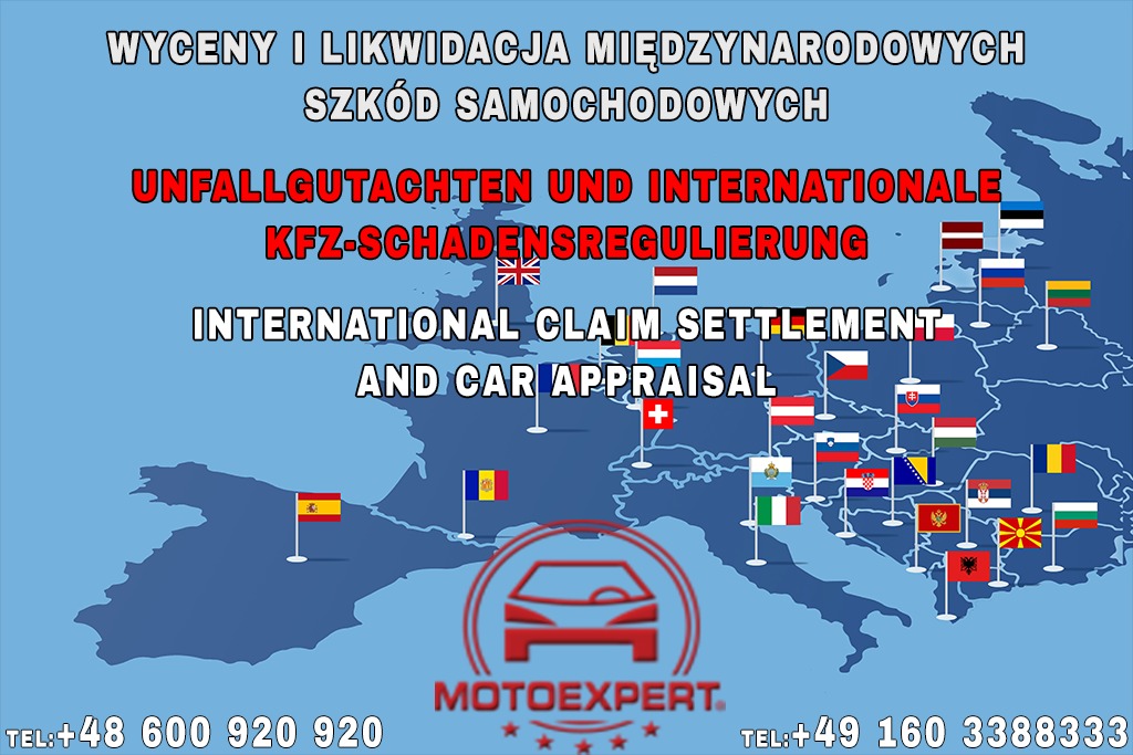 Mapa Europy z flagami państw, napisy w języku polskim, niemieckim i angielskim dotyczące wyceny i likwidacji międzynarodowych szkód samochodowych, logo Motoexpert z czerwonym samochodem i gwiazdkami.