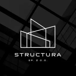 Logo firmy 'Structura Sp. z o.o.' przedstawiające abstrakcyjny budynek na ciemnym tle z motywem okien.