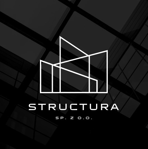 Logo firmy 'Structura Sp. z o.o.' przedstawiające abstrakcyjny budynek na ciemnym tle z motywem okien.