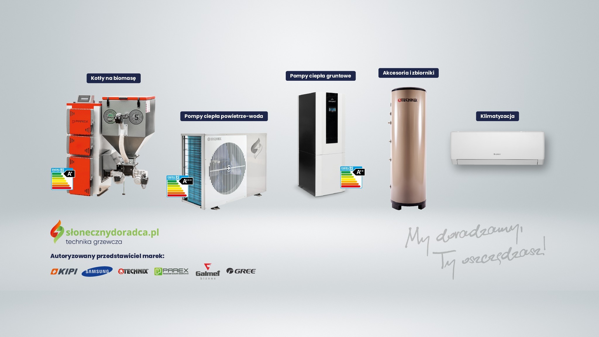Zestawienie różnych systemów grzewczych: kocioł na biomasę, pompa ciepła powietrze-woda, gruntowa pompa ciepła, zbiornik i klimatyzator, z etykietami energetycznymi, logo firmy Słoneczny Doradca...