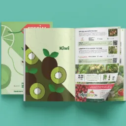 Grafika przedstawiająca otwartą broszurę z ilustracjami kiwi i innych warzyw, na turkusowym tle.