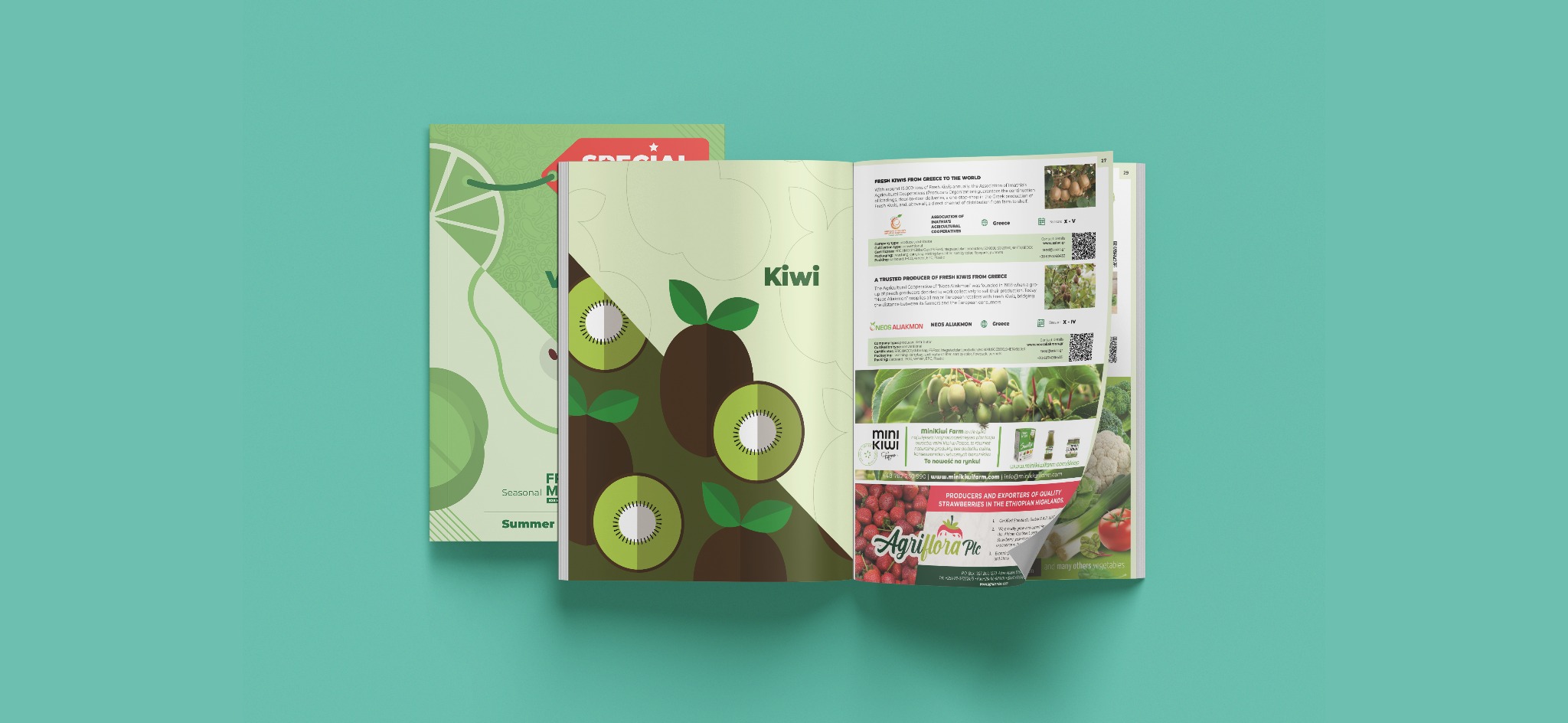 Grafika przedstawiająca otwartą broszurę z ilustracjami kiwi i innych warzyw, na turkusowym tle.