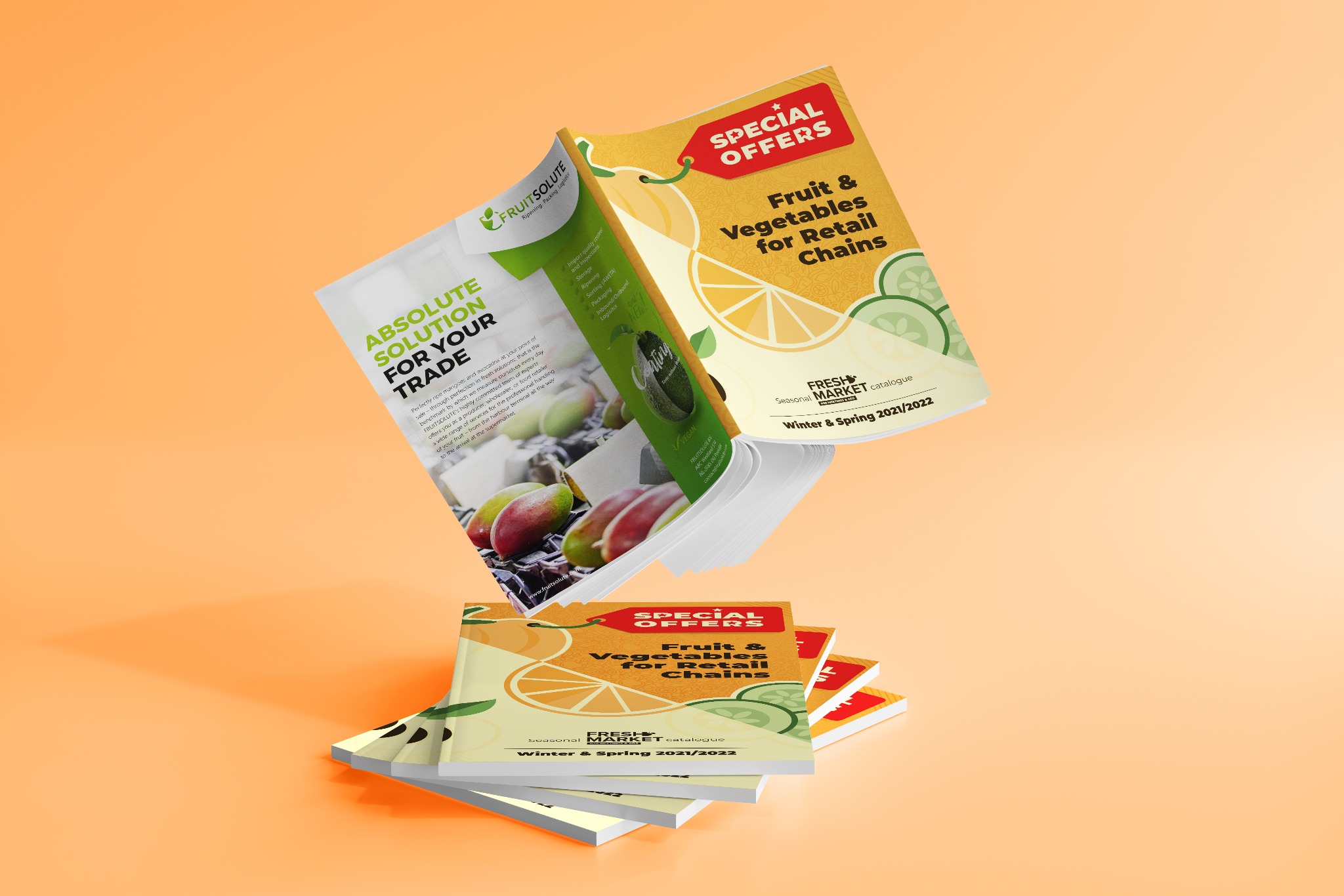 Stack of floating product catalogs featuring fresh fruits and vegetables, designed with vibrant colors and modern typography, against a peach background.