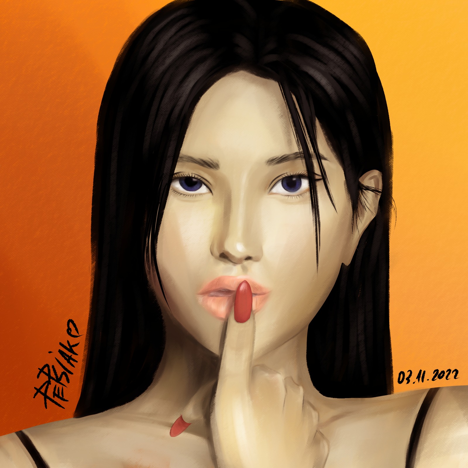 Portret kobiety z ciemnymi włosami i czerwonymi paznokciami, trzymającej palec na ustach w geście uciszenia na pomarańczowym tle, cyfrowa ilustracja z datą i podpisem artysty.