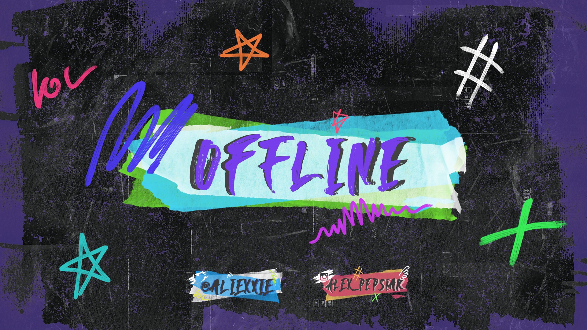 Abstrakcyjne tło z napisem 'OFFLINE' w stylu graffiti, otoczone kolorowymi symbolami i nazwami użytkowników mediów społecznościowych na ciemnym, teksturowanym tle.