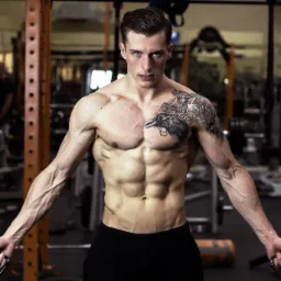 Wytatuowany, muskularny mężczyzna w czarnych spodniach, z napiętymi mięśniami, trzymający linki do ćwiczeń na siłowni, spogląda wprost w obiektyw.