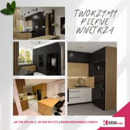 Wizualizacja kuchni z czarnymi frontami i drewnianymi akcentami, prezentowana w formie kolażu z trzech ujęć, z logo firmy i hasłem 'Tworzymy piękne wnętrza'.