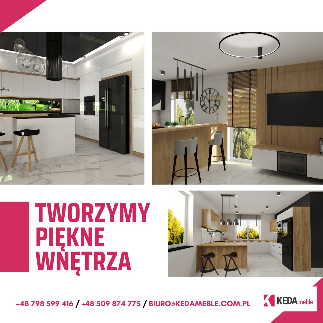 Wizualizacja nowoczesnej kuchni z wyspą, białymi szafkami, czarnym sprzętem AGD i marmurową podłogą, widok na salon z drewnianymi akcentami i telewizorem, całość w jasnych barwach.