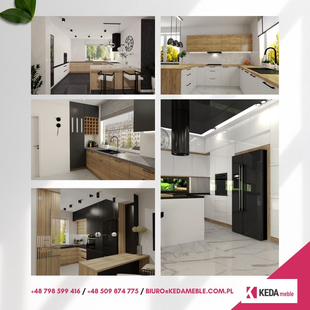 Kolaż prezentujący różne aranżacje nowoczesnych kuchni z elementami drewna w Radomsku, z uwzględnieniem oświetlenia i detali wykończeniowych.