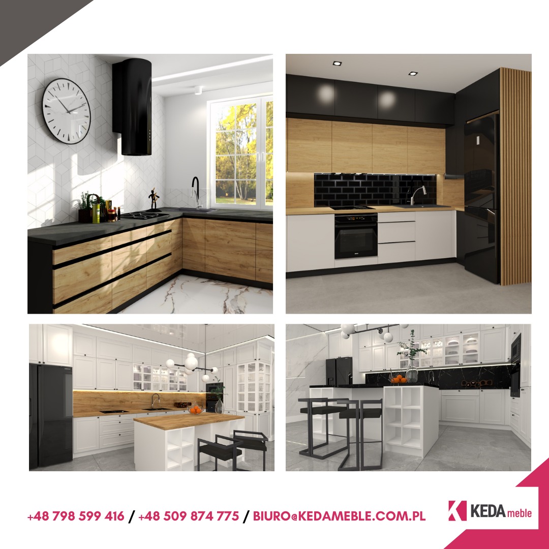 Kolaż czterech ujęć nowoczesnych kuchni: drewniane fronty szafek z czarnymi blatami, białe szafki z wyspą i hokerami, czarne akcenty i marmurowe blaty.