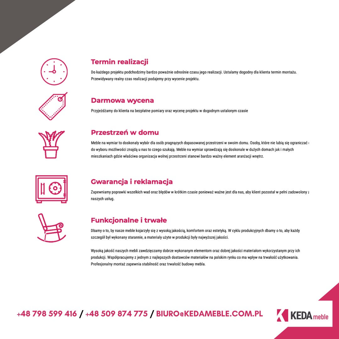 Grafika reklamowa firmy meblowej, prezentująca ikony i krótkie opisy dotyczące terminów realizacji, darmowej wyceny, przestrzeni w domu, gwarancji i reklamacji oraz funkcjonalności i trwałości...