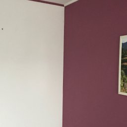 Łukasz bakierzynski - Ściana pomalowana na dwa kolory: biały i fioletowy, z obrazem w białej ramie w prawym górnym rogu.
