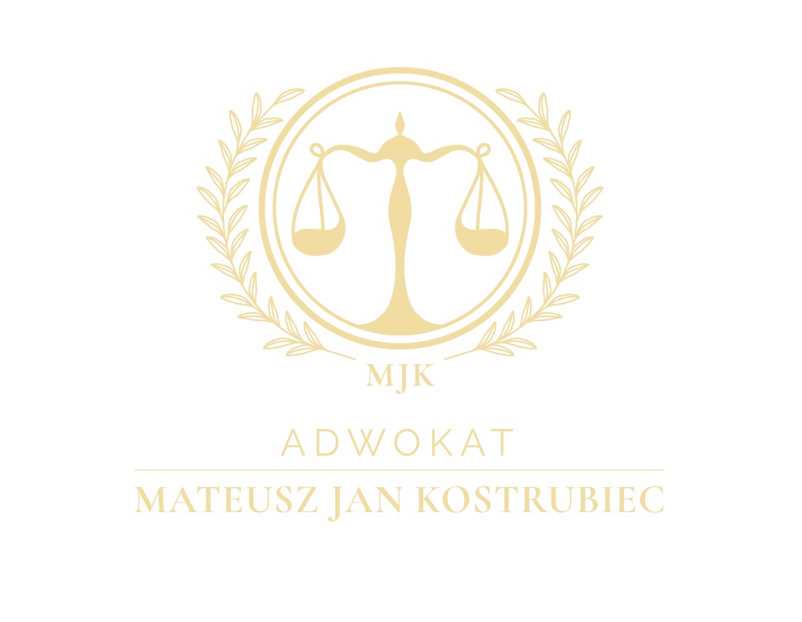 Eleganckie logo kancelarii adwokackiej Mateusza Jana Kostrubca w Zgierzu, przedstawiające wagę Temidy w złotym okręgu z liśćmi laurowymi na białym tle.
