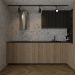 Nowoczesna kuchnia z drewnianymi frontami szafek, szarym blatem i ścianą z efektem lastryko. Nad blatem czarny okap i srebrny pochłaniacz. Na blacie ekspres do kawy.