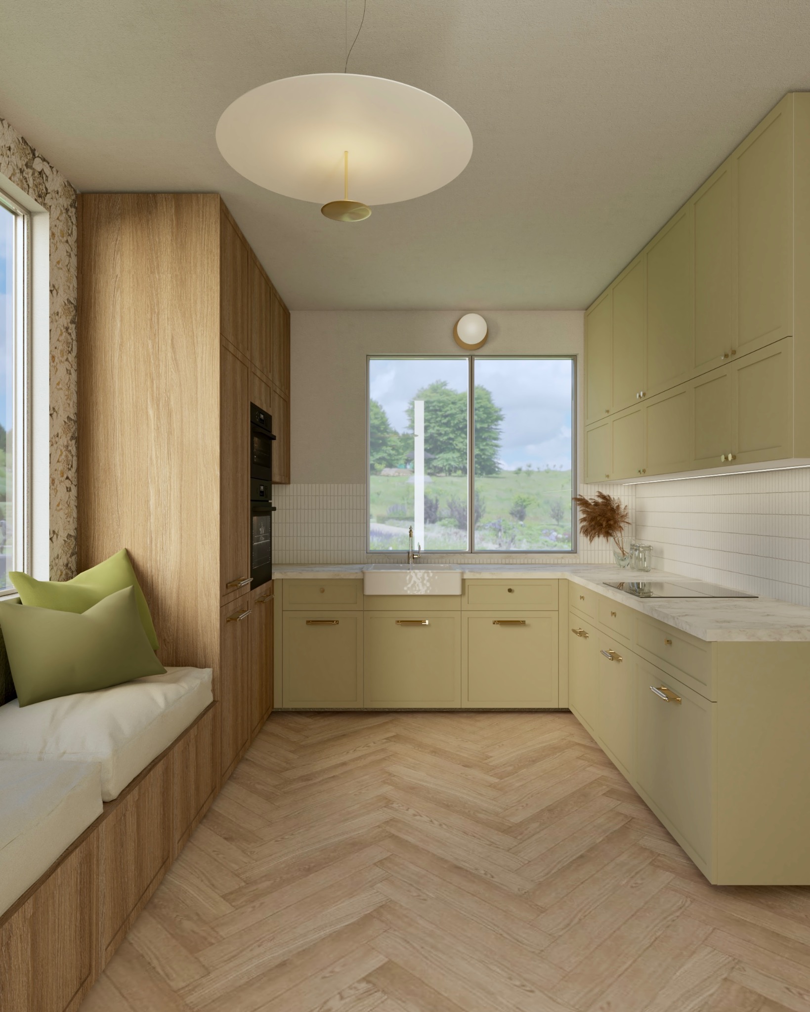 Wizualizacja kuchni w odcieniach zieleni i drewna z podłogą w jodełkę, z oknem na krajobraz i siedziskiem z poduszkami.