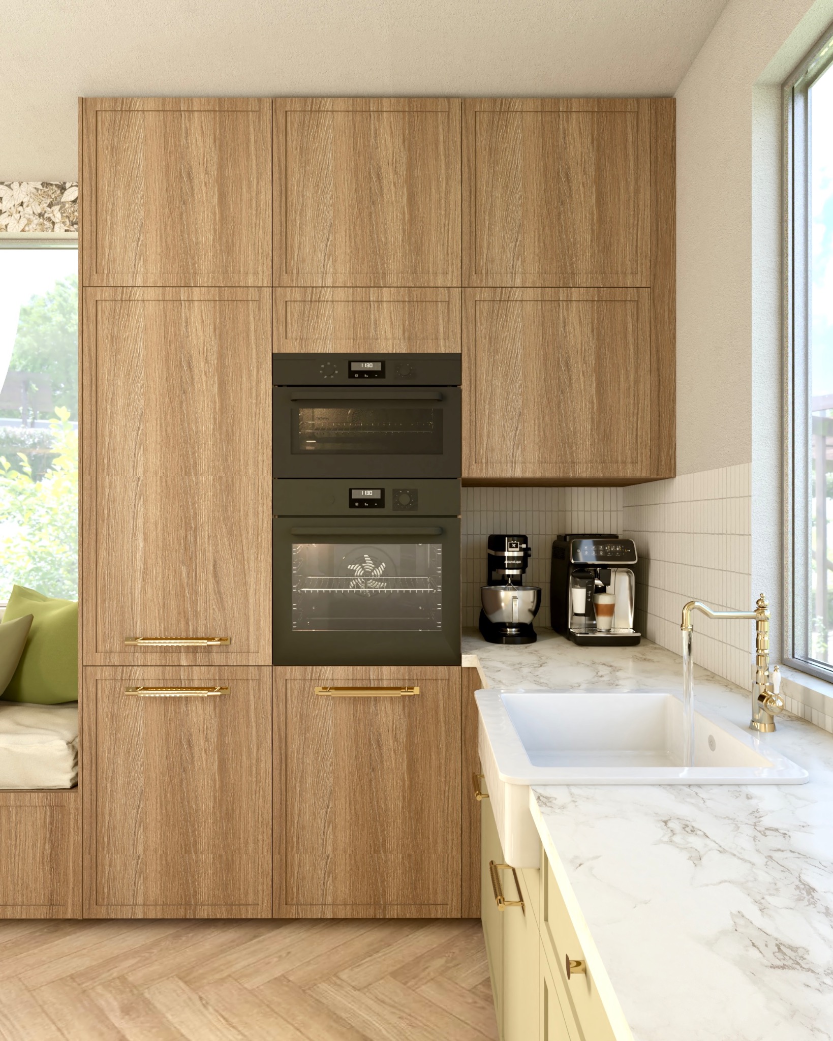 Nowoczesna kuchnia z drewnianymi frontami szafek, marmurowym blatem i podwójnym piekarnikiem w zabudowie; widoczny mikser i ekspres do kawy.