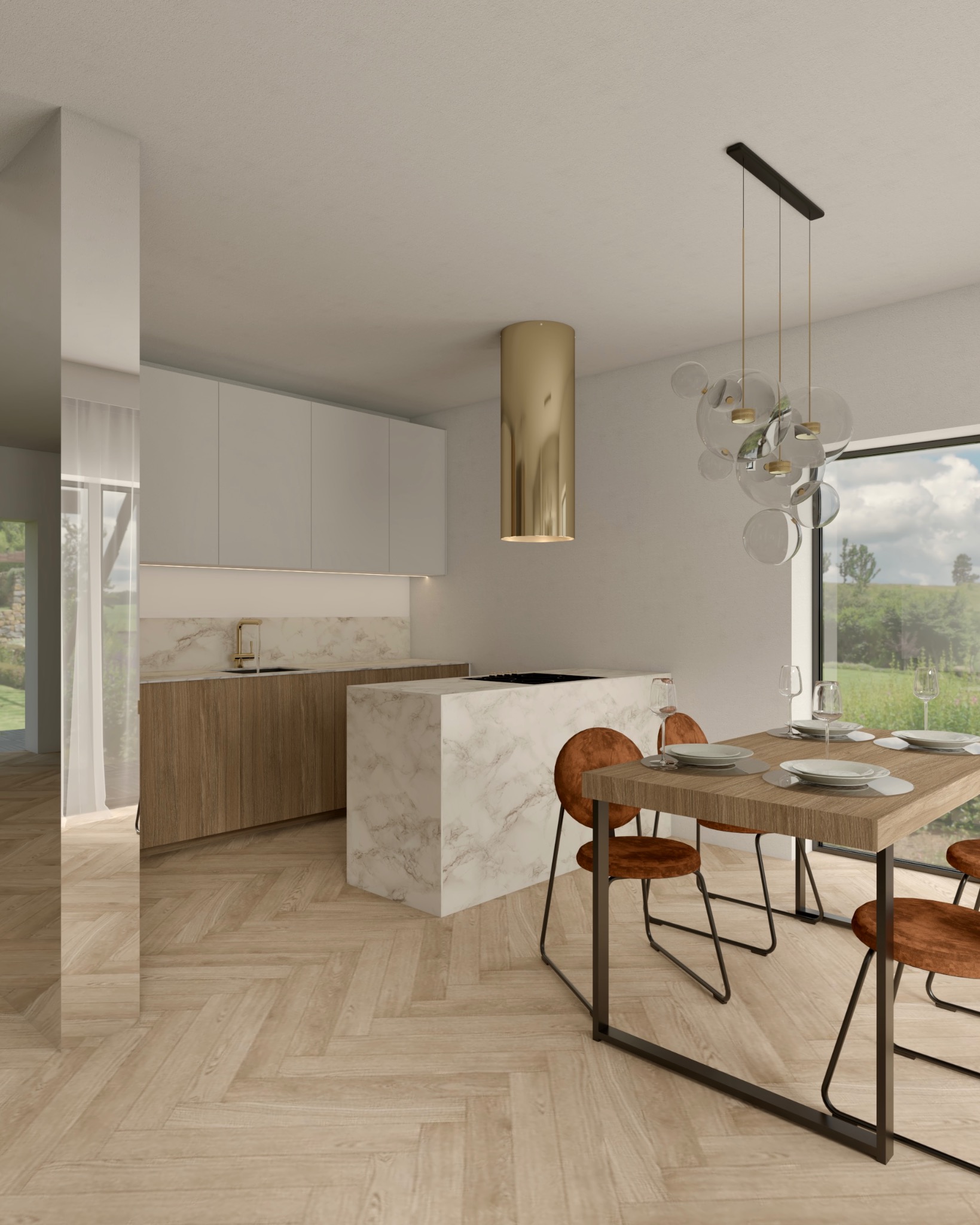 Wizualizacja nowoczesnej kuchni z wyspą wykończoną marmurem, drewnianymi szafkami i złotym okapem cylindrycznym, uzupełniona jadalnią z drewnianym stołem i brązowymi krzesłami na tle zielonego...