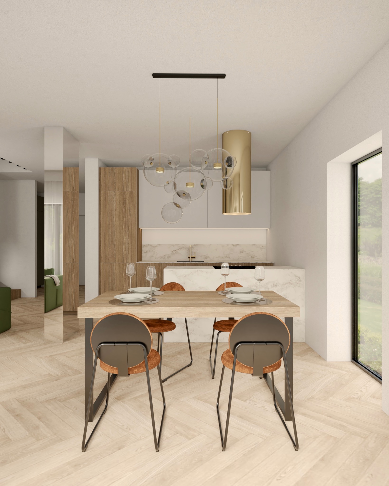 Jasna jadalnia z drewnianym stołem, krzesłami z brązowymi siedziskami, nowoczesną lampą sufitową z okrągłymi kloszami, złotym okapem i parkietem w jodełkę.