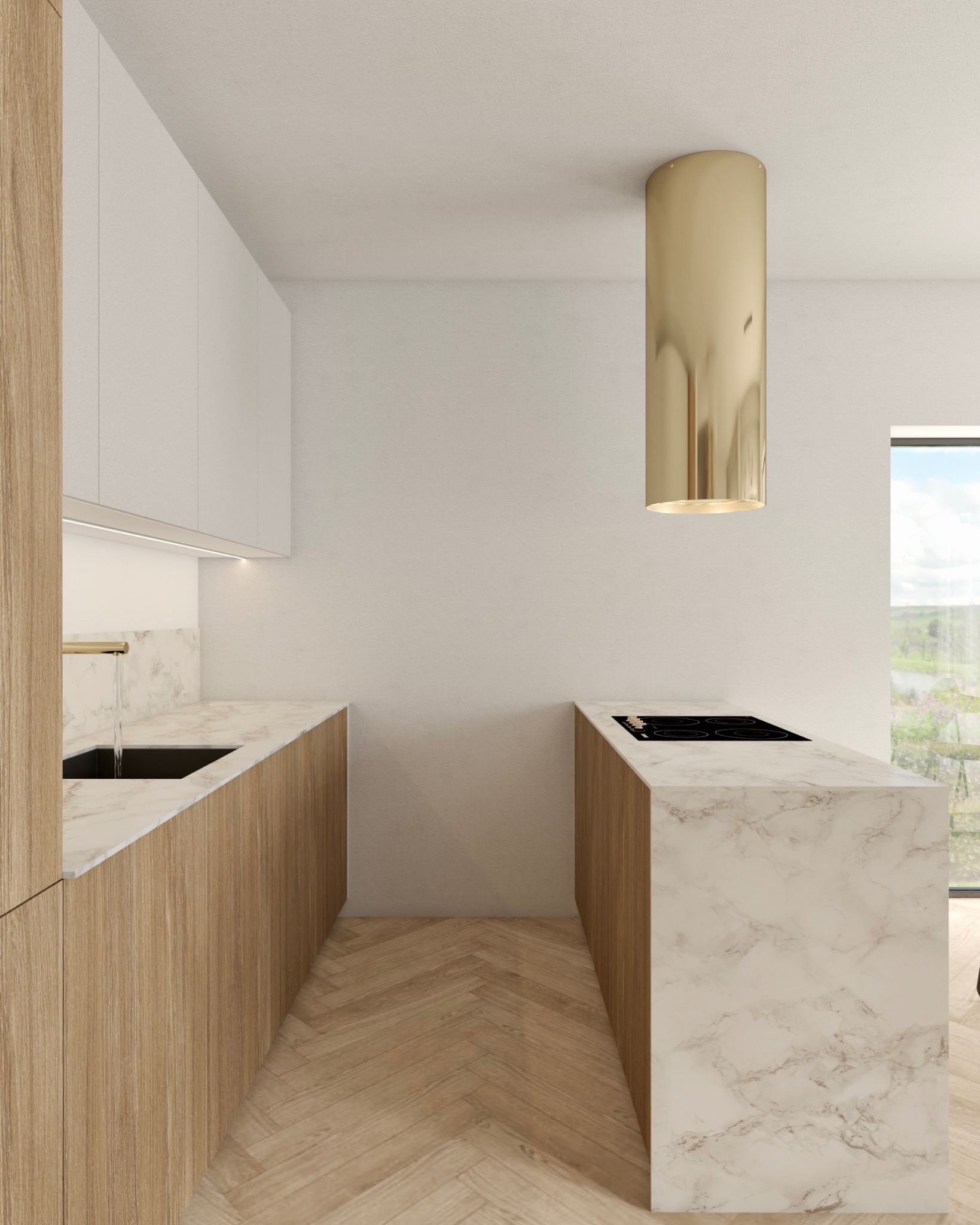 Nowoczesna kuchnia z drewnianymi szafkami, marmurowym blatem, złotym okapem i parkietem ułożonym w jodełkę.