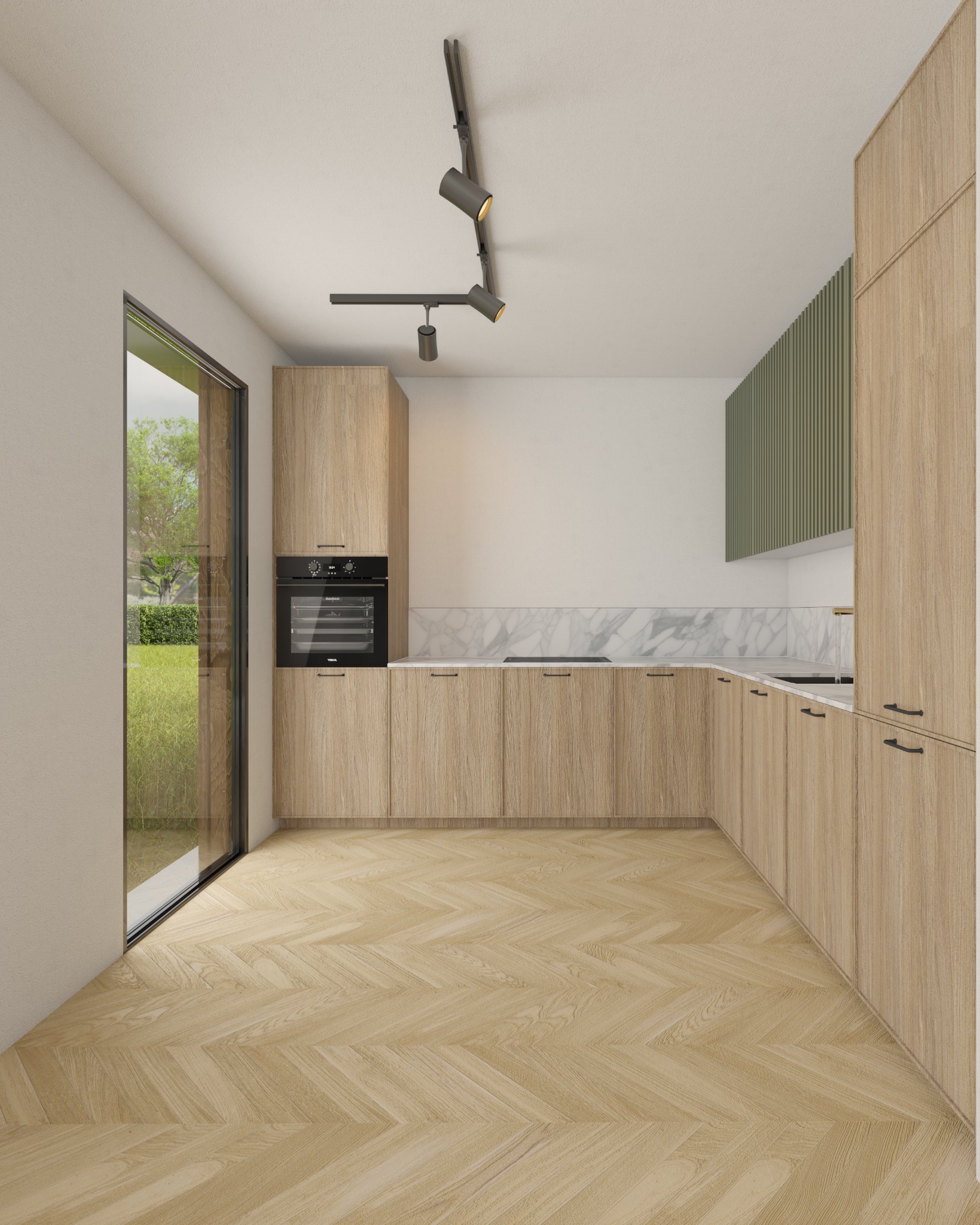 Wizualizacja jasnej kuchni z drewnianymi szafkami, marmurowym blatem i parkietem ułożonym w jodełkę francuską. Oświetlenie punktowe sufitowe i widok na ogród przez duże okno.