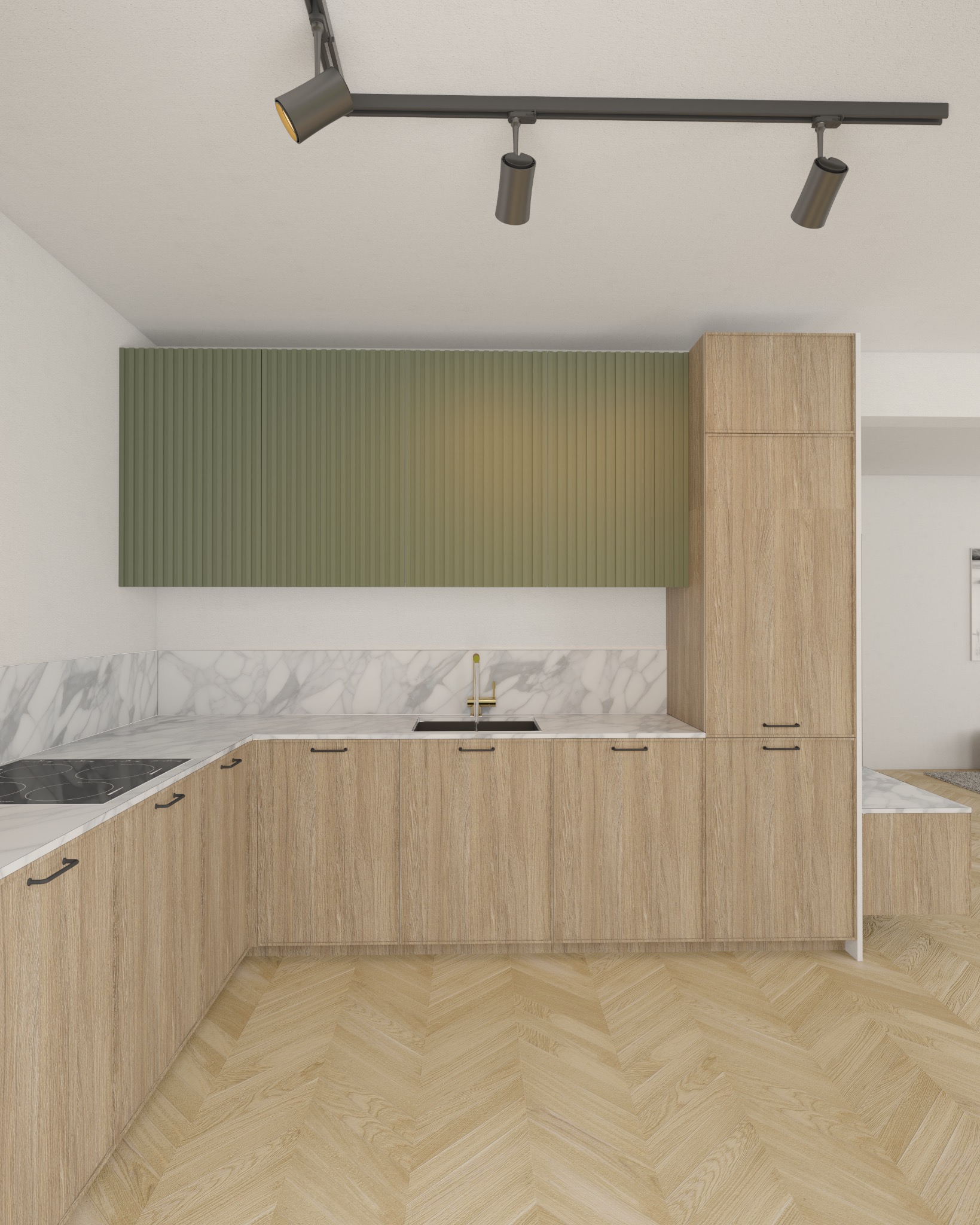 Wizualizacja nowoczesnej kuchni z drewnianymi szafkami, białym marmurowym blatem i zielonym panelem ściennym z pionowymi żłobieniami, oświetlona reflektorami szynowymi.