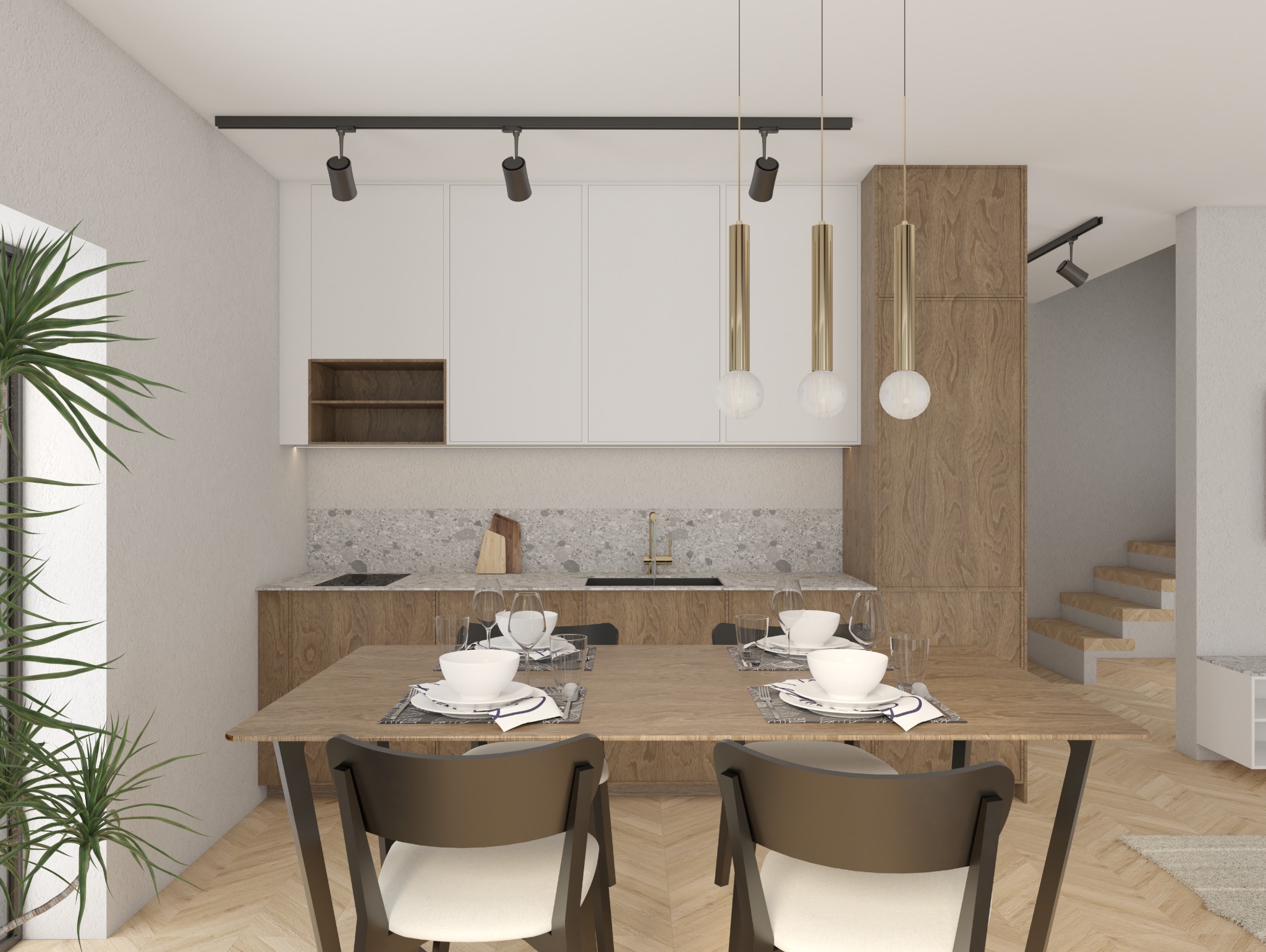 Wizualizacja nowoczesnej kuchni z jadalnią: drewniane szafki, białe fronty, marmurowy blat, stół z nakryciem dla czterech osób, oświetlenie punktowe i wiszące, roślina doniczkowa przy oknie...