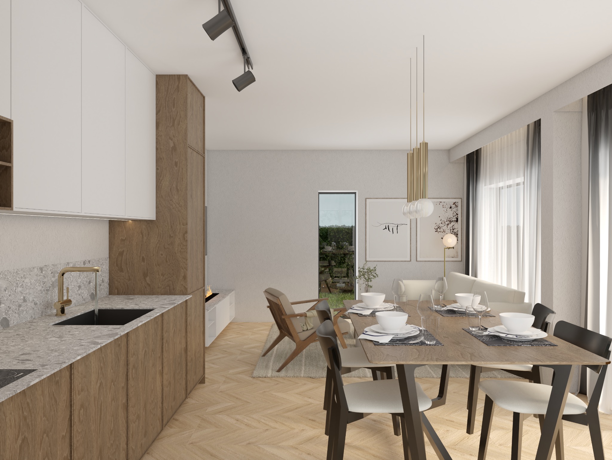 Wnętrze mieszkania z otwartą kuchnią, jadalnią i salonem. Widoczna zabudowa kuchenna z drewnianymi frontami i kamiennym blatem, stół jadalny z nakryciami, krzesła w kolorze czarnym i białym,...