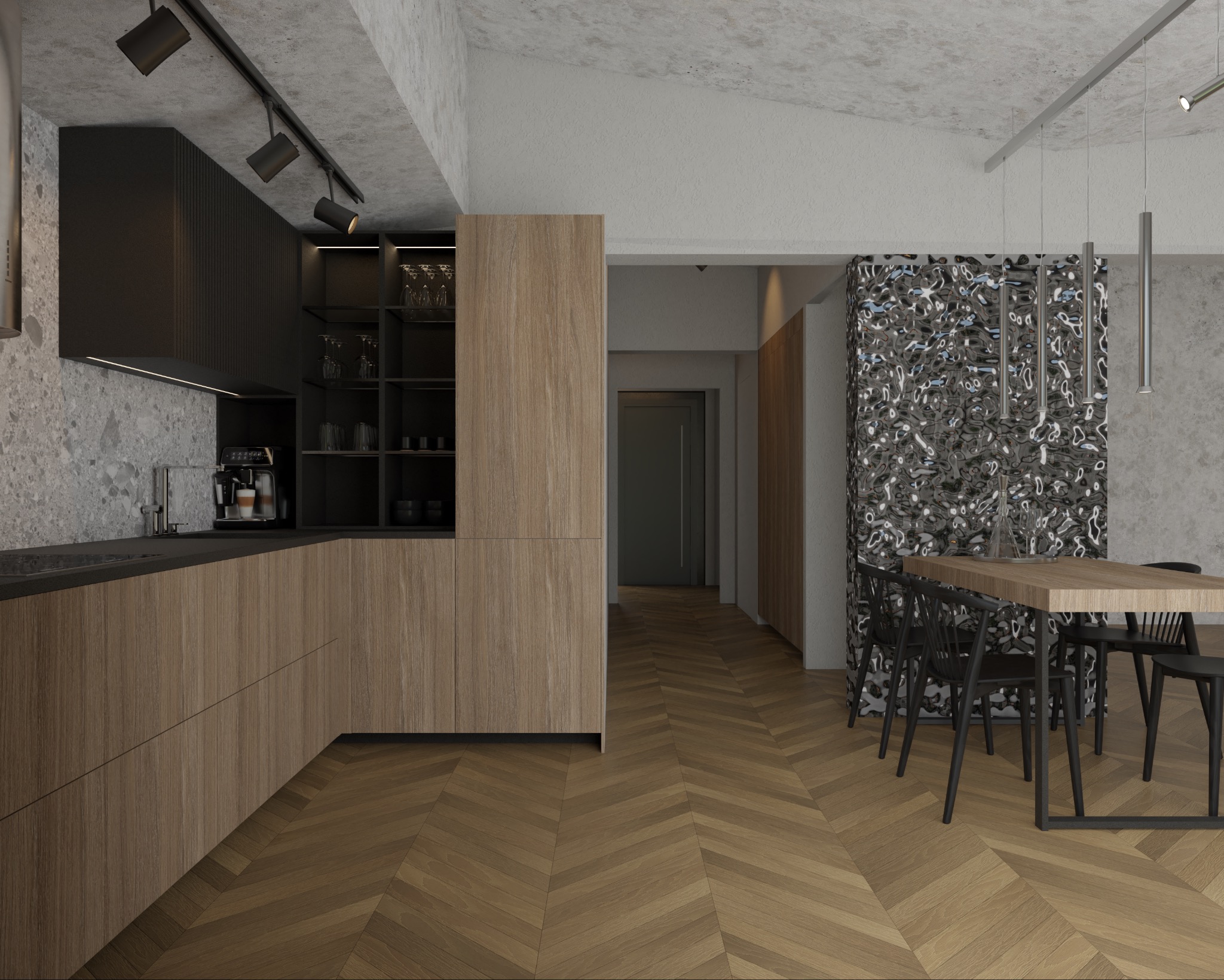 Nowoczesna kuchnia z drewnianymi frontami, czarnym blatem i sprzętem AGD, połączona z jadalnią z czarnymi krzesłami i stołem z drewnianym blatem, całość w minimalistycznym stylu z parkietem w jodełkę.
