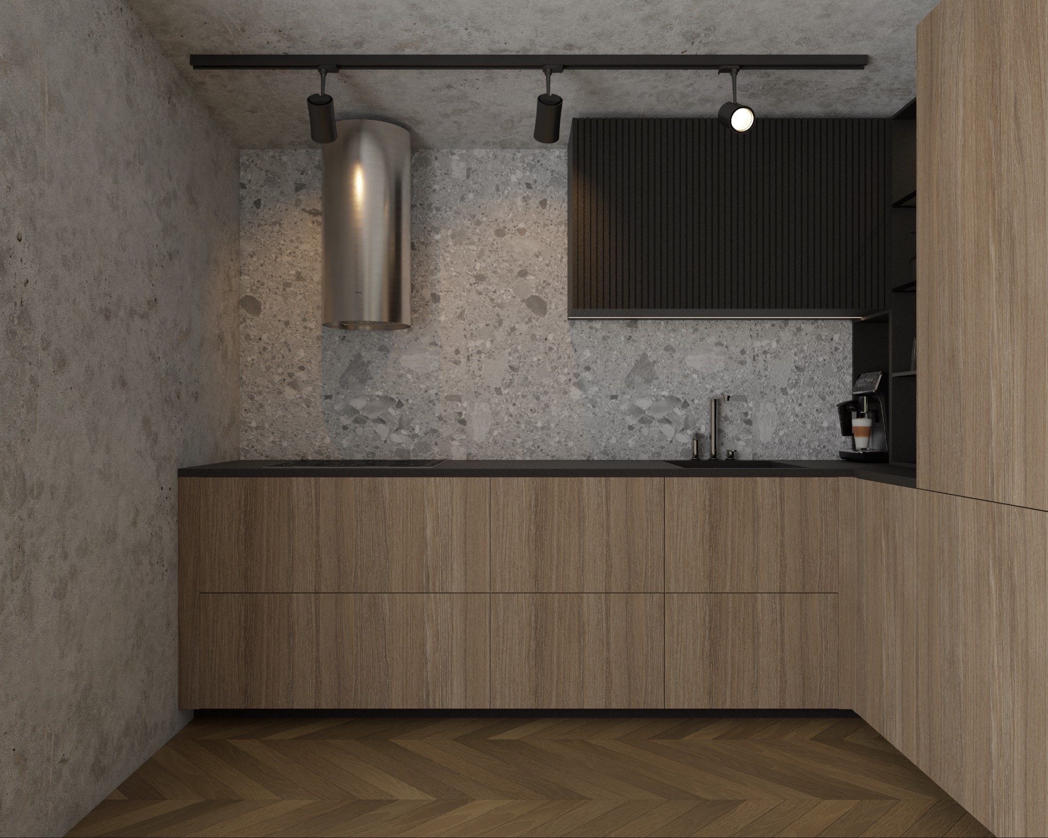 Nowoczesna kuchnia z drewnianymi frontami szafek, szarym blatem i ścianą z efektem lastryko. Nad blatem czarny okap i srebrny pochłaniacz. Na blacie ekspres do kawy.