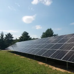 Rząd paneli słonecznych na metalowych wspornikach na trawiastym terenie, drzewa w tle, błękitne niebo z pojedynczymi chmurami.