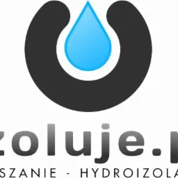 Logo firmy izoluje.pl z symbolem kropli wody i napisem 'OSUSZANIE - HYDROIZOLACJA'.