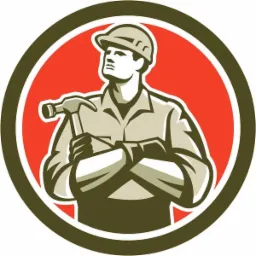 Karykatura dekarza w kasku, trzymającego młotek i patrzącego w górę, na tle czerwonego koła z obwódką.