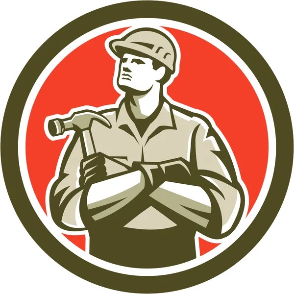 Karykatura dekarza w kasku, trzymającego młotek i patrzącego w górę, na tle czerwonego koła z obwódką.