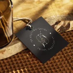 Czarna etykieta z minimalistycznym, złotym logo 'Księżycowe Kartki' na drewnianej desce obok brązowej butelki na tle brązowej teksturowanej tkaniny.