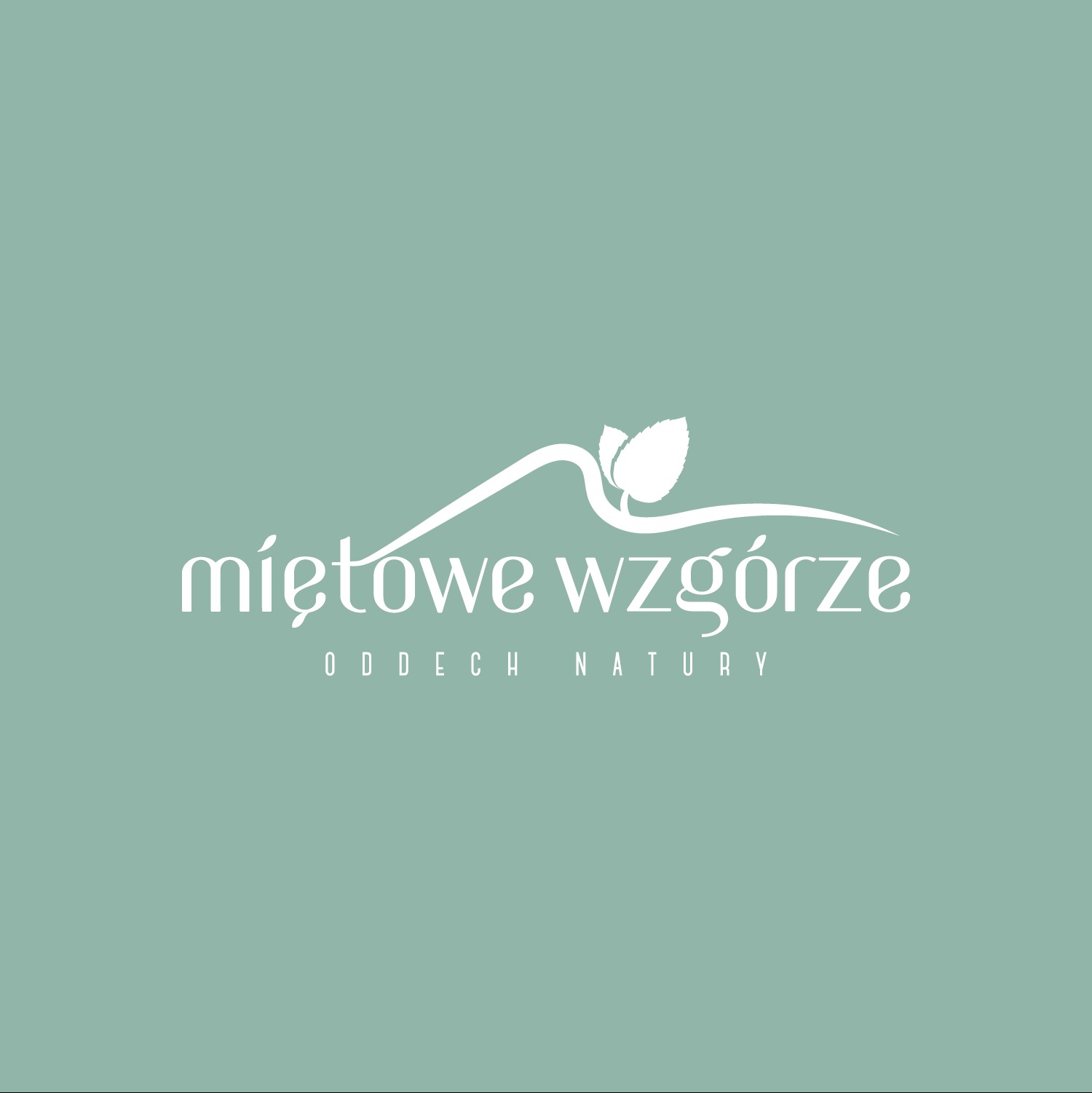 Minimalistyczne logo 'Miętowe Wzgórze' z motywem liścia mięty na tle pastelowej zieleni, napis 'ODDECH NATURY' małymi literami pod nazwą.
