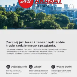 Logo firmy sprzątającej Akabat na tle panoramy miasta z zielenią, z hasłem 'Sprzątanie dla Ciebie'.