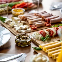 Ułożone na drewnianych deskach: ser brie, szynka, pomidory z mozzarellą i bazylią, ser ż&oacute;łty w rulonach, oliwki w szklanej miseczce, oraz dodatki na stole podczas przyjęcia.