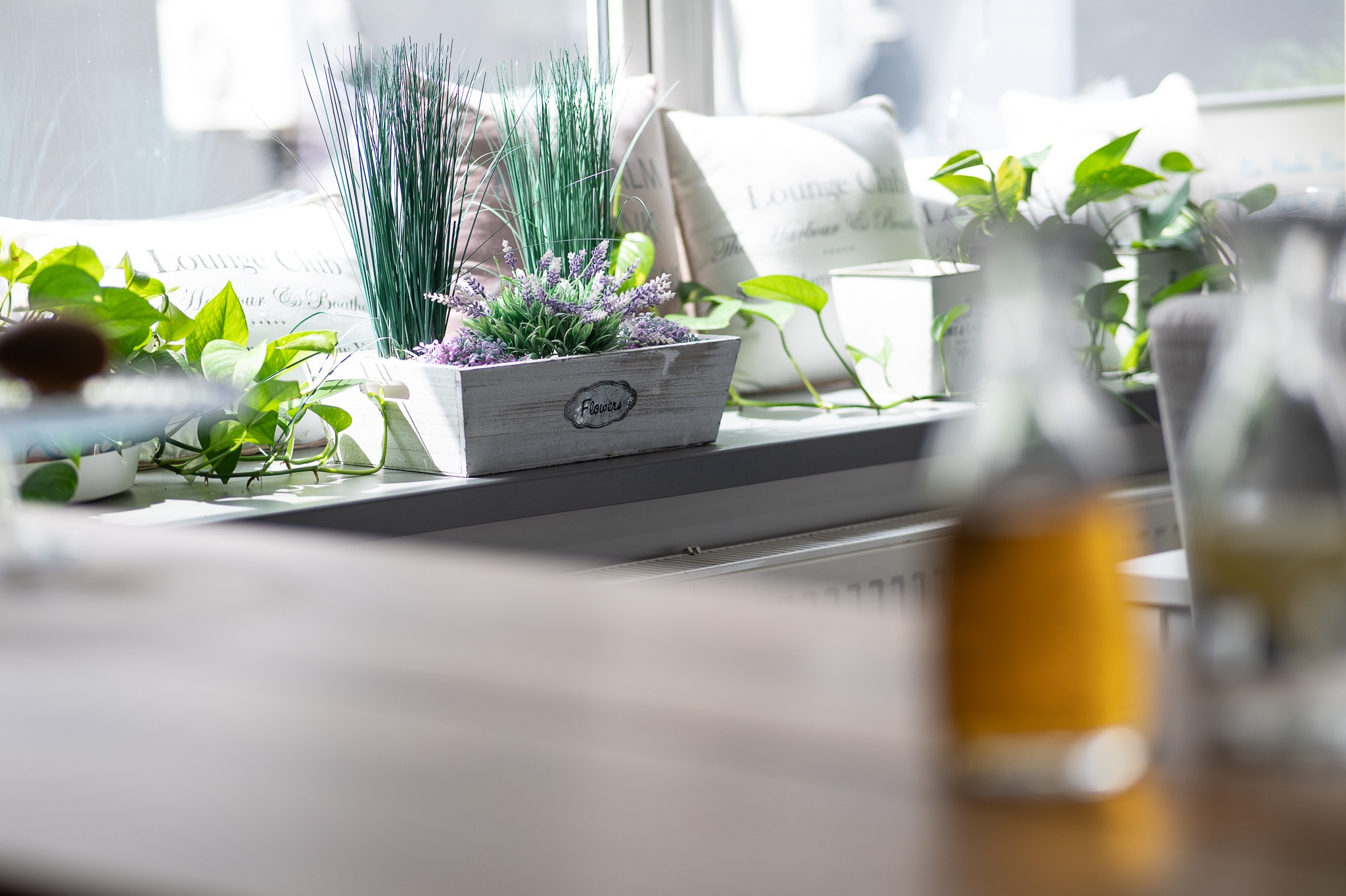 Dekoracyjny parapet z drewnianą skrzynką z napisem 'Flowers', fioletową lawendą, trawą, poduszkami z napisem 'Lounge Club' i pnączami, oświetlony jasnym światłem słonecznym.